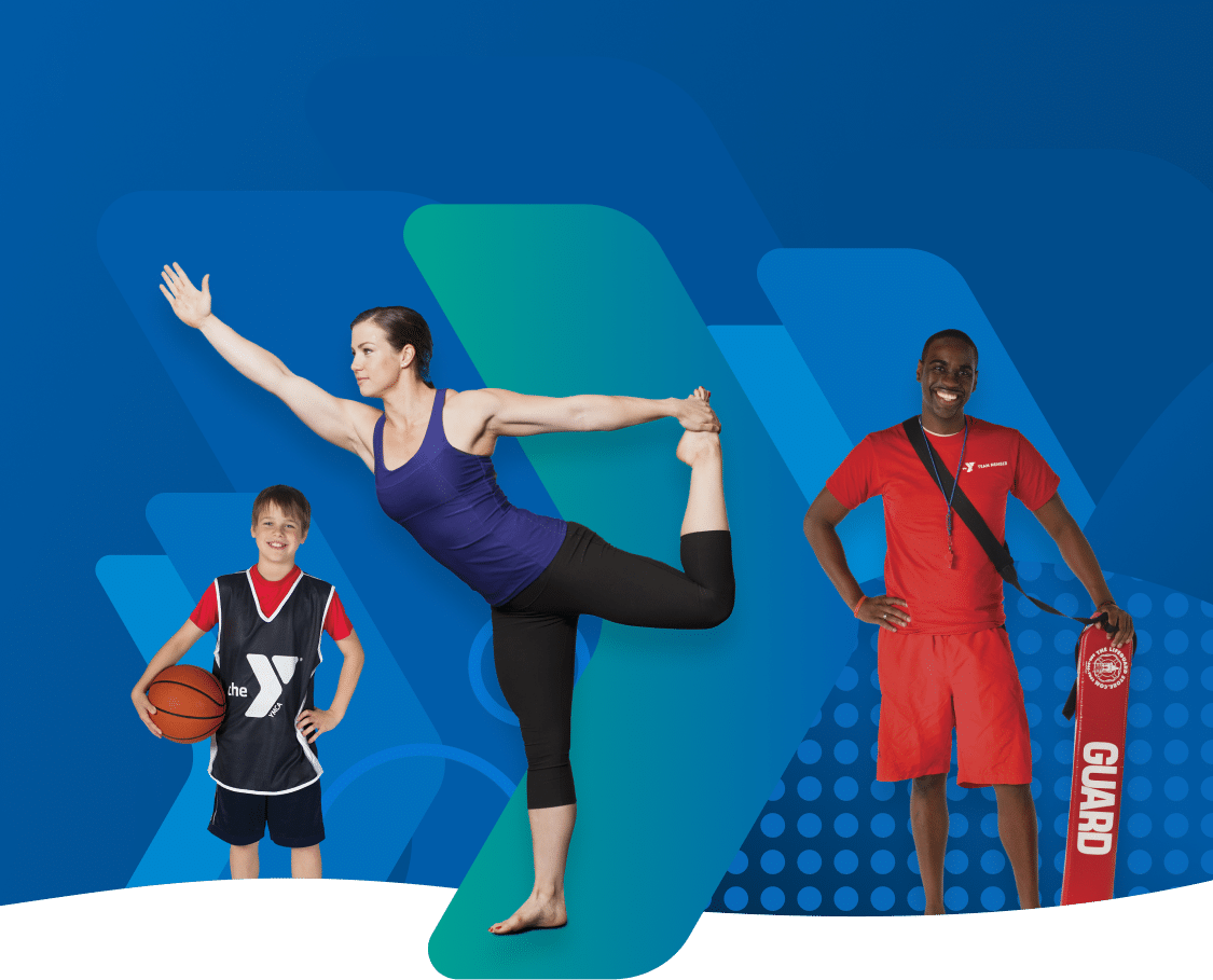 The image is a promotional graphic featuring three people in a stylized blue background with large YMCA logos. On the left, a young boy in a basketball uniform holds a basketball, smiling at the camera. In the center, a woman in a purple tank top is performing a yoga pose, balancing gracefully. On the right, a cheerful lifeguard in a red uniform holds a lifesaver and stands with confidence.
