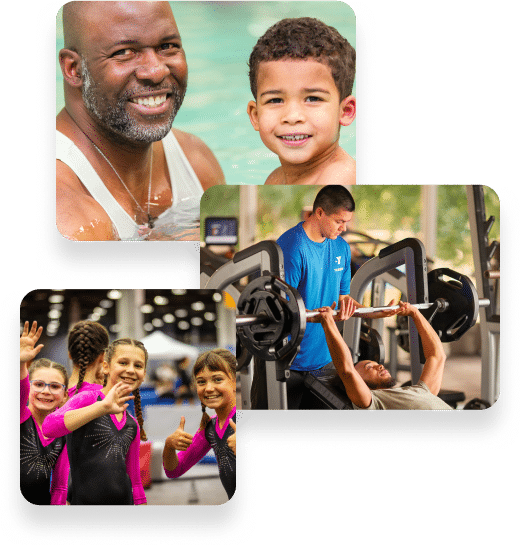 This collage features four images showcasing diverse activities at a community center. Top left: An older man and a young boy smiling at the camera, both wet, suggesting they've been swimming. Top right: A young man exercising at a gym, focused while lifting weights on a bench press. Bottom left: Four young girls in gymnastics attire giving thumbs up in a gym. Bottom right: The same older man from the first image, now helping a younger man with weightlifting.