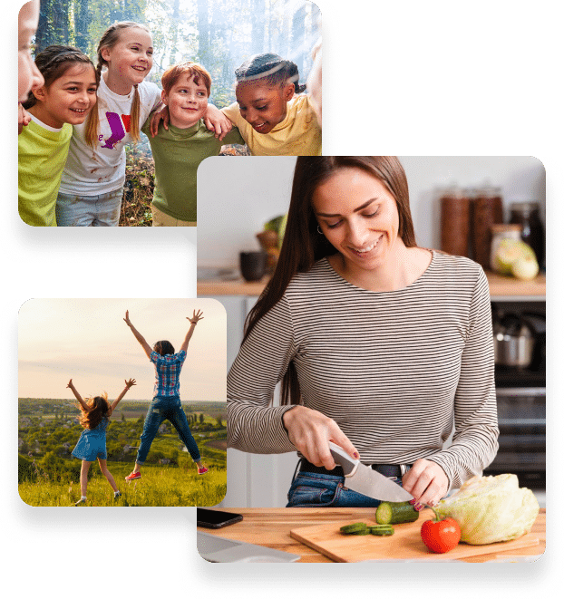 This collage features four images of people engaged in different activities. Top left: A group of five children smiling and hugging each other outdoors, surrounded by greenery. Top right: A woman in a striped shirt smiling as she cuts vegetables in a modern kitchen. Bottom left: Two children, one lifting the other in celebration, with a wide landscape in the background. Bottom right: A young woman and two children jumping joyously in an open field at sunset.